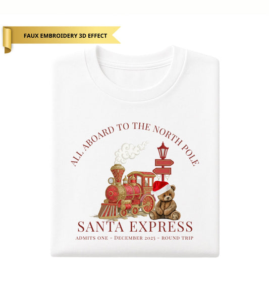 Children’s All Aboard North Pole Santa Express T-Shirt - Faux Embroidery Teddy Bear
