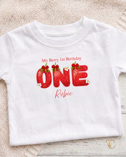 Personalised Berry First Birthday T-Shirt | Embroidery Appliqué Design