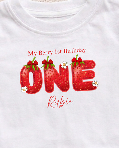 Personalised Berry First Birthday T-Shirt | Embroidery Appliqué Design