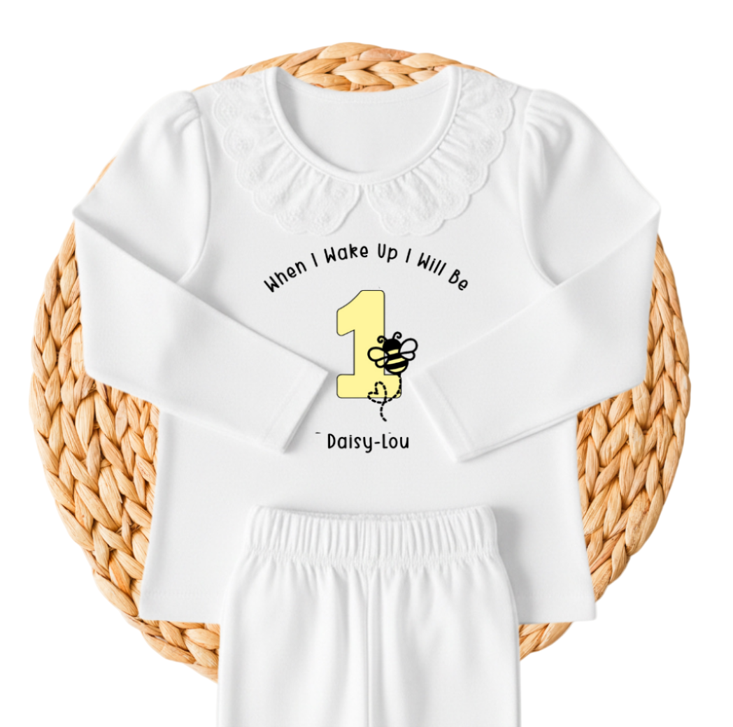 Personalised First Birthday Pyjamas | When I Wake Up I’ll Be One | Bumble Bee Design