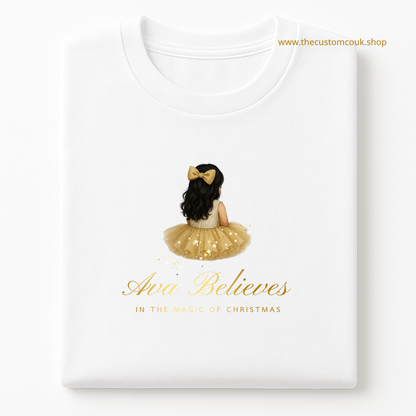 Personalised Little Girl's Christmas T-Shirt | Gold