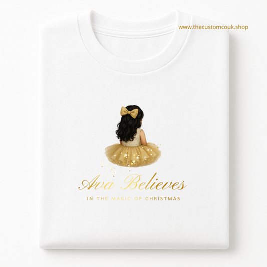 Personalised Little Girl's Christmas T-Shirt | Gold