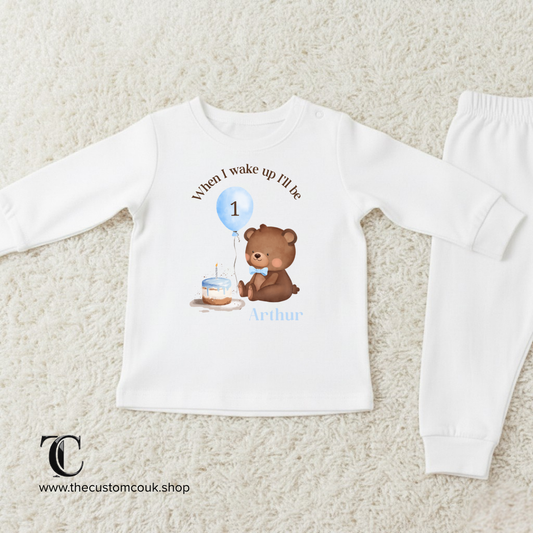 When I Wake Up I’ll Be One - Personalised Birthday Pyjamas - Teddy Bear Cake Design