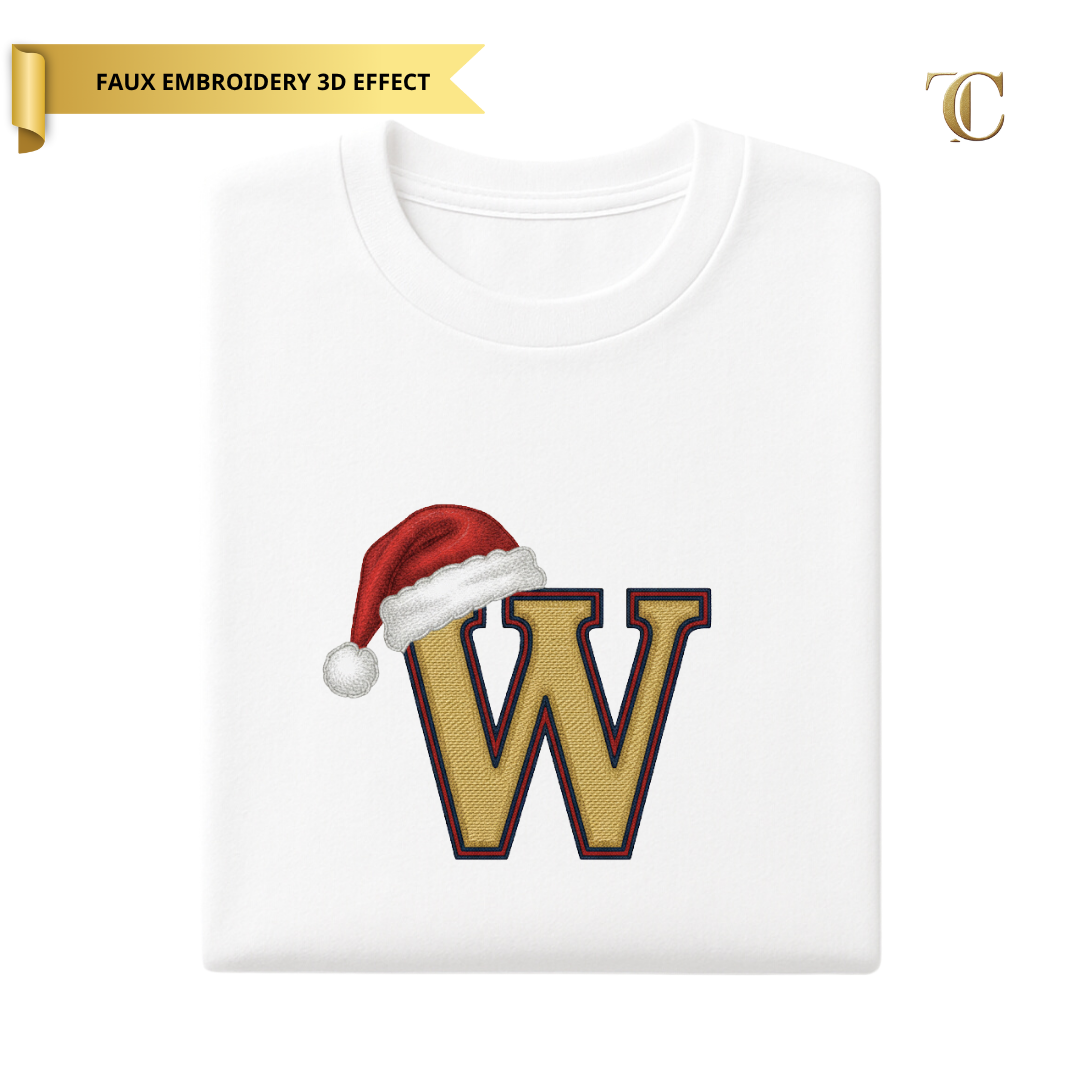 Personalised Santa Hat Initial T-Shirt - Faux Embroidery 3D Print