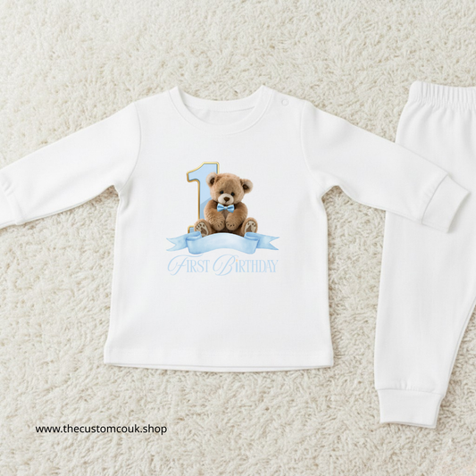 Personalised First Birthday Pyjamas | Teddy Bear - Blue