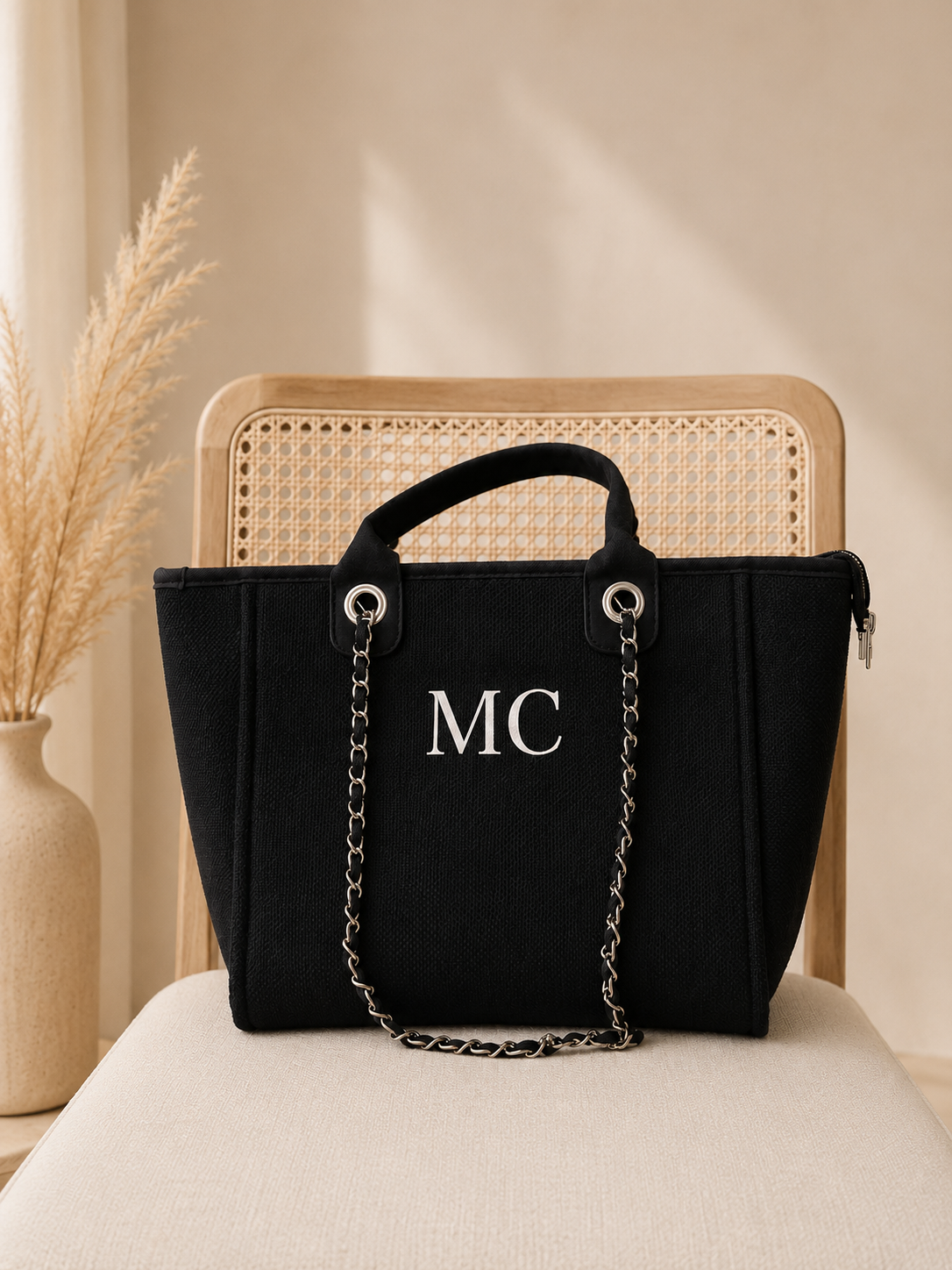 Personalised Canvas Chain Tote Bag – Monogram Design | Black