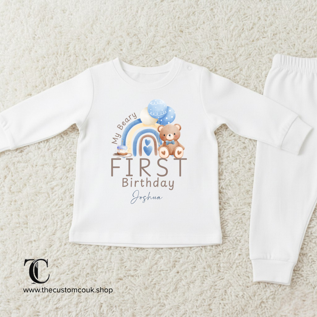 Personalised First Birthday Pyjamas - Teddy Bear Rainbow Design