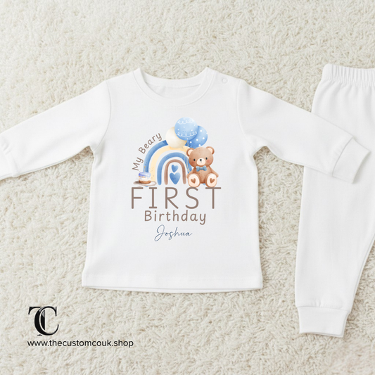 Personalised First Birthday Pyjamas - Teddy Bear Rainbow Design