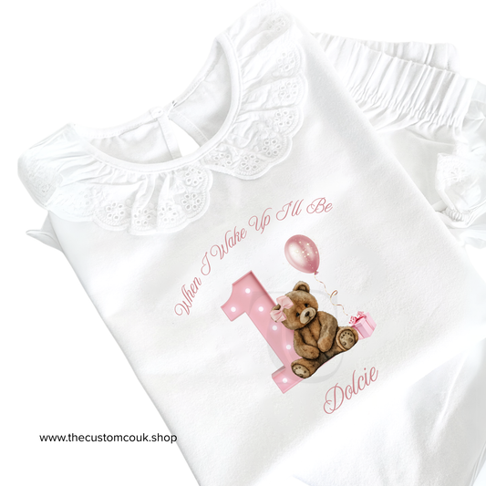 When I Wake Up I’ll Be One - Personalised Girls Birthday Pyjamas - Pink Light Up Number Teddy Bear