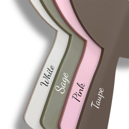 Set of four color swatches labeled White, Sage, Pink, and Taupe on a white background.