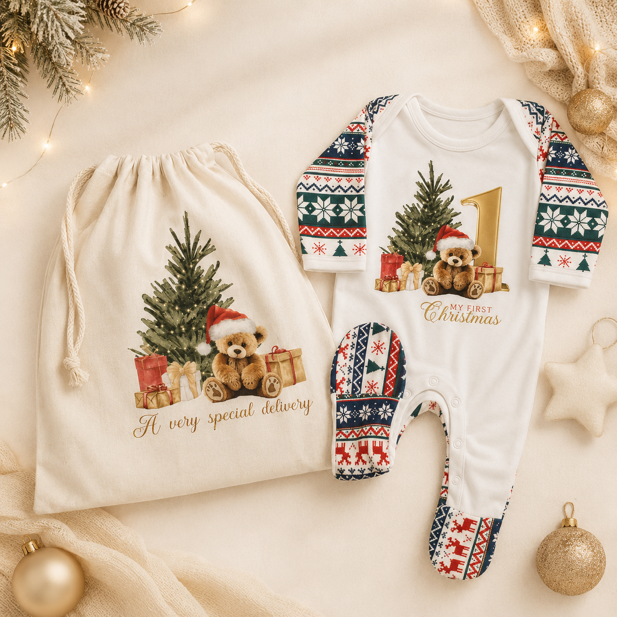 Personalised My First Christmas Baby Romper & Christmas Gift Sack Set