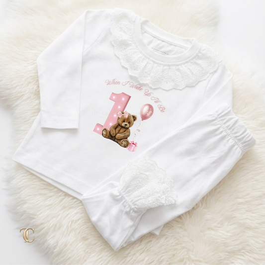 When I Wake Up Personalised Birthday Pyjamas | Pink Light Up Number Teddy Bear