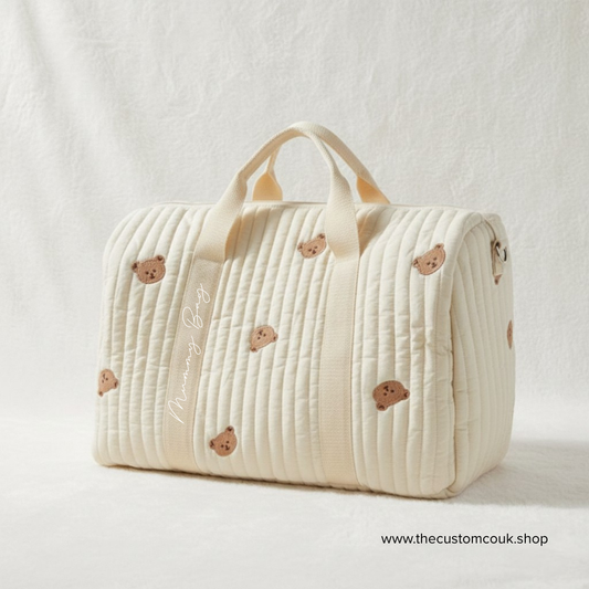Personalised Hospital Bag – Embroidered Teddy Bear Print | Cotton Baby Changing Bag