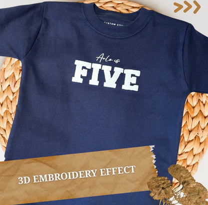 Children’s Birthday Navy T-Shirt - Faux Embroidery 3D Print