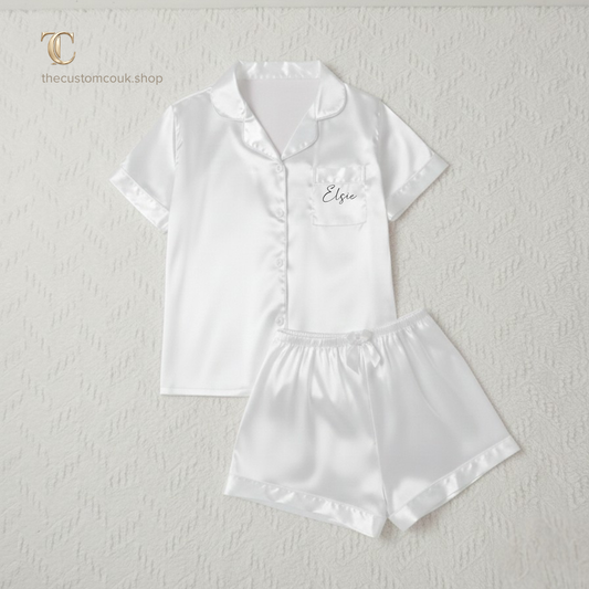 Children’s Personalised Satin Short Pyjamas (Ages 6–14)