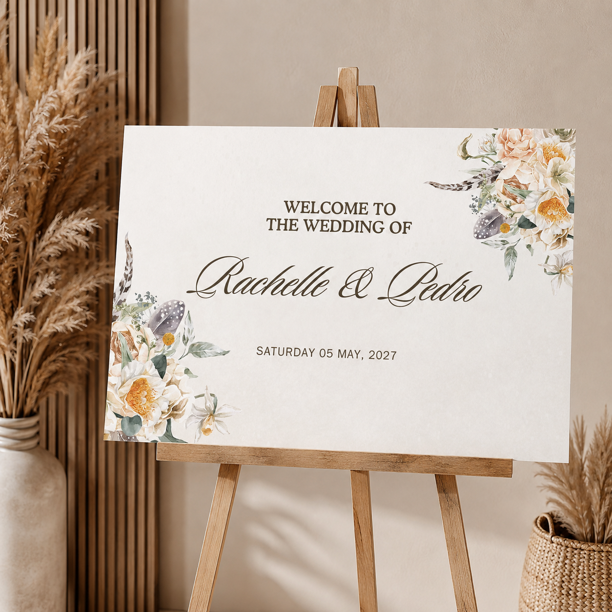 Personalised A1 foam board wedding welcome sign featuring a neutral boho floral design with elegant script lettering, displayed on a wooden easel for a rustic wedding reception.