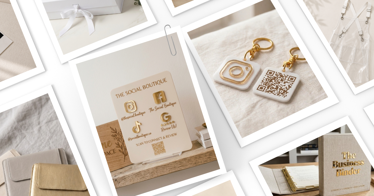 A collage of styled product photos in a warm neutral palette, featuring a gold and white square keychain with a QR code, a cream card holder with gold logo details, and other boutique accessories arranged on white backgrounds.