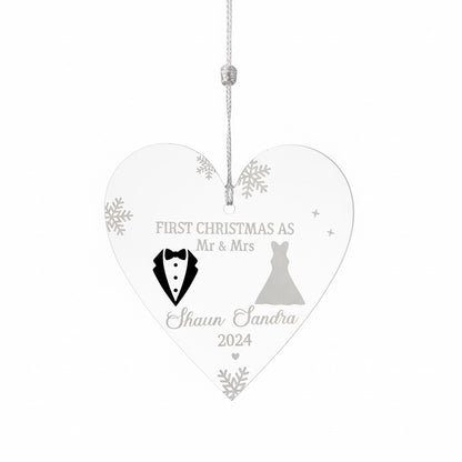 Personalised Heart Tree Decoration - First Christmas as Mr & Mrs