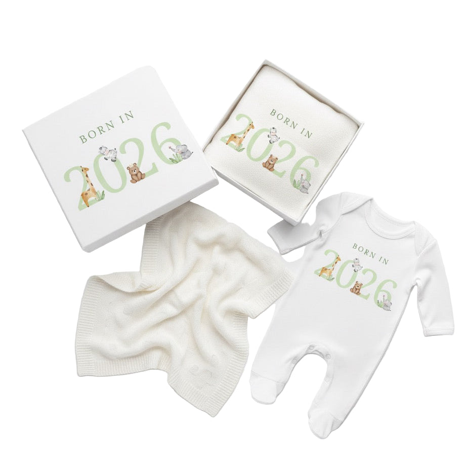 Baby gift set 'Born in 2026' text on a white background