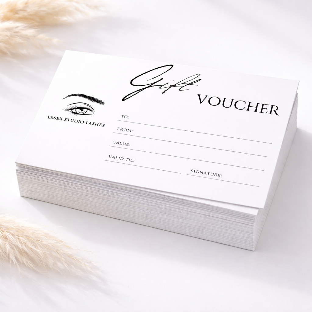 Custom branded gift vouchers for Essex Studio Lashes. 