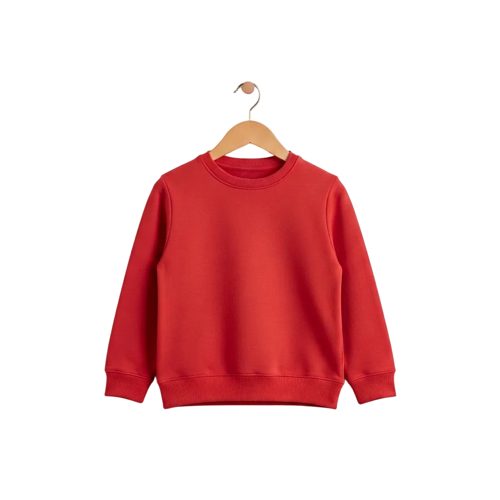 Red sweatshirt on a wooden hanger against a white background