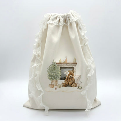 Personalised Santa Present Sack | Handmade Lace Canvas | Exclusive Teddy Bear Design