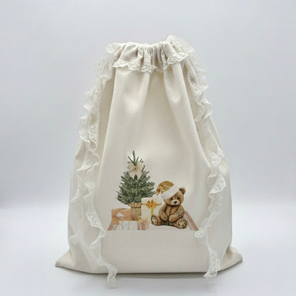 Personalised Santa Present Sack | Handmade Lace Canvas | Exclusive Teddy Bear Design