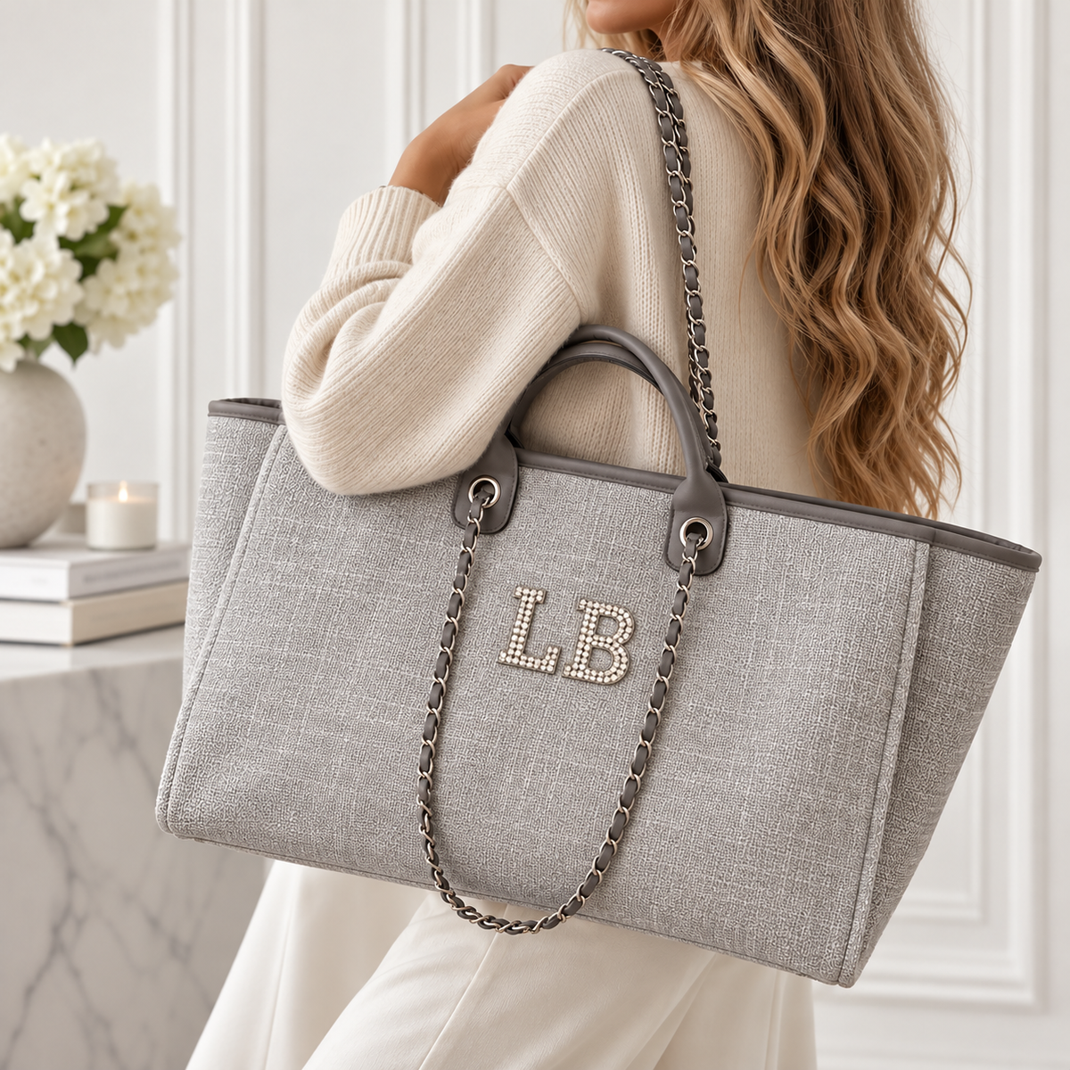 Personalised Canvas Chain Weekend Bag | Custom Initials (Grey)