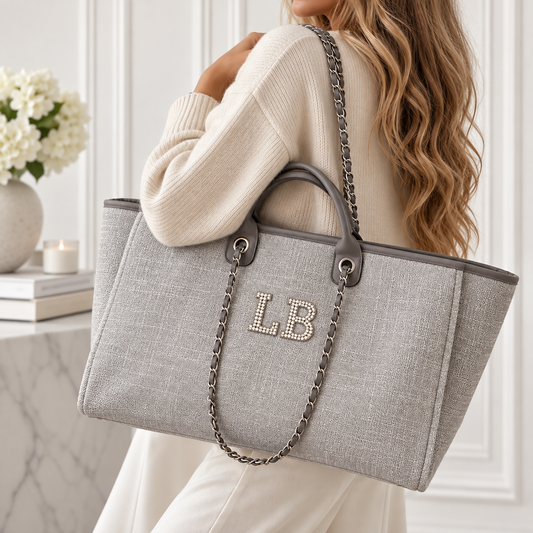 Personalised Canvas Chain Weekend Bag | Custom Initials (Grey)