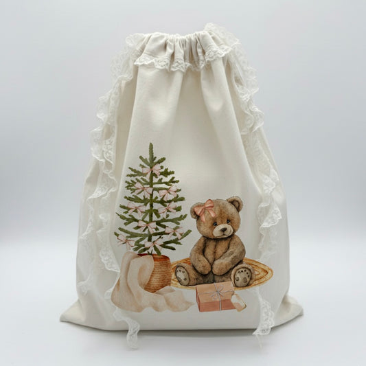 Personalised Present Sack | Handmade Lace Canvas | Exclusive Teddy Bear Design