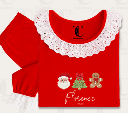 Personalised Girls Red Frilly Christmas Pyjama’s - My First Christmas