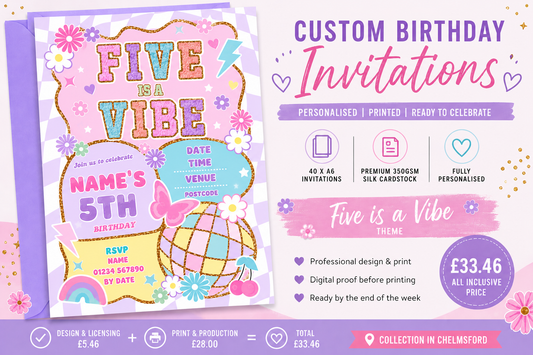 Five is a Vibe personalised birthday invitation with pastel colours, floral elements and bold typography printed on A6 cardstock