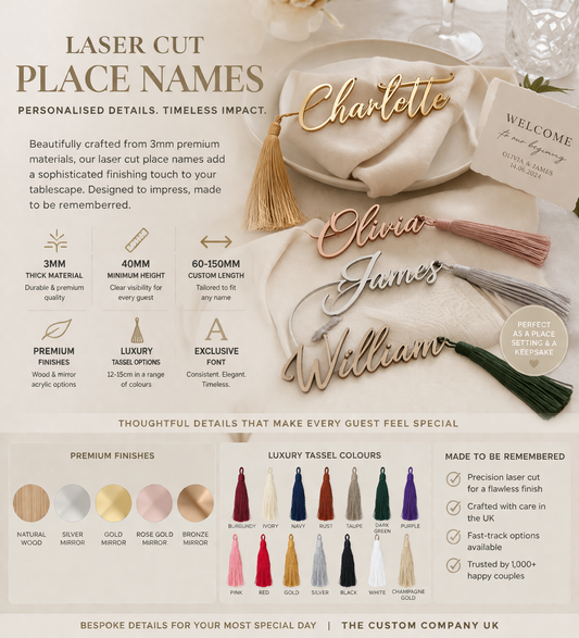 Luxury Laser Cut Wedding Place Names | Personalised Name Settings