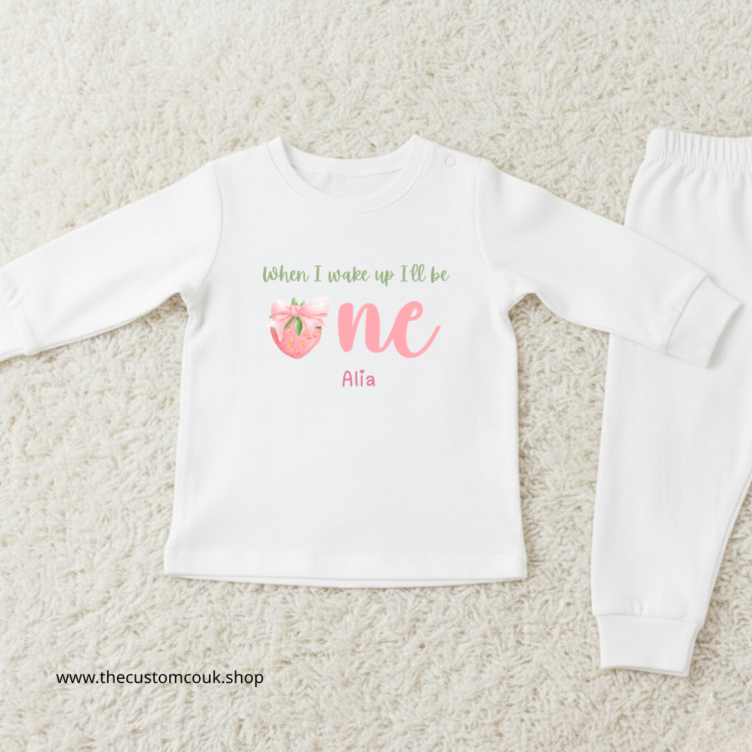 Personalised Children’s First Birthday Pyjamas | Strawberry Design