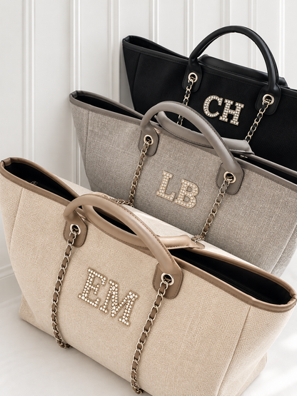 Personalised Canvas Chain Weekend Bag | Custom Initials (Grey)
