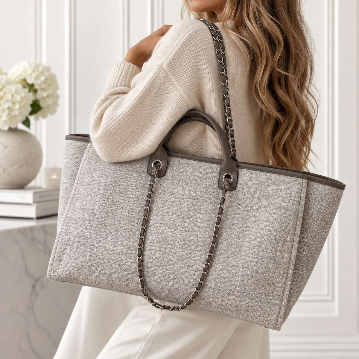 Personalised Canvas Chain Weekend Bag | Custom Initials (Grey)