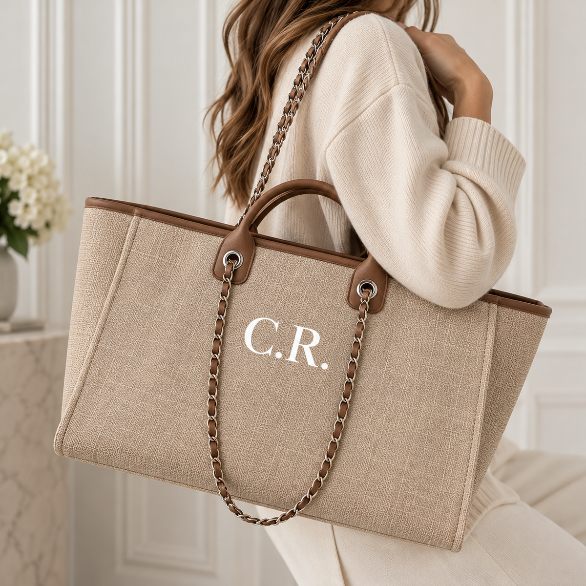 Personalised Canvas Chain Weekend Bag | Custom Initials (Tan)