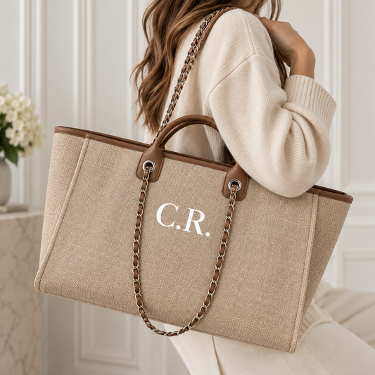 Personalised Canvas Chain Weekend Bag | Custom Initials (Tan)