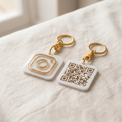 Bespoke acrylic QR keyring with gold mirror acrylic social media icon