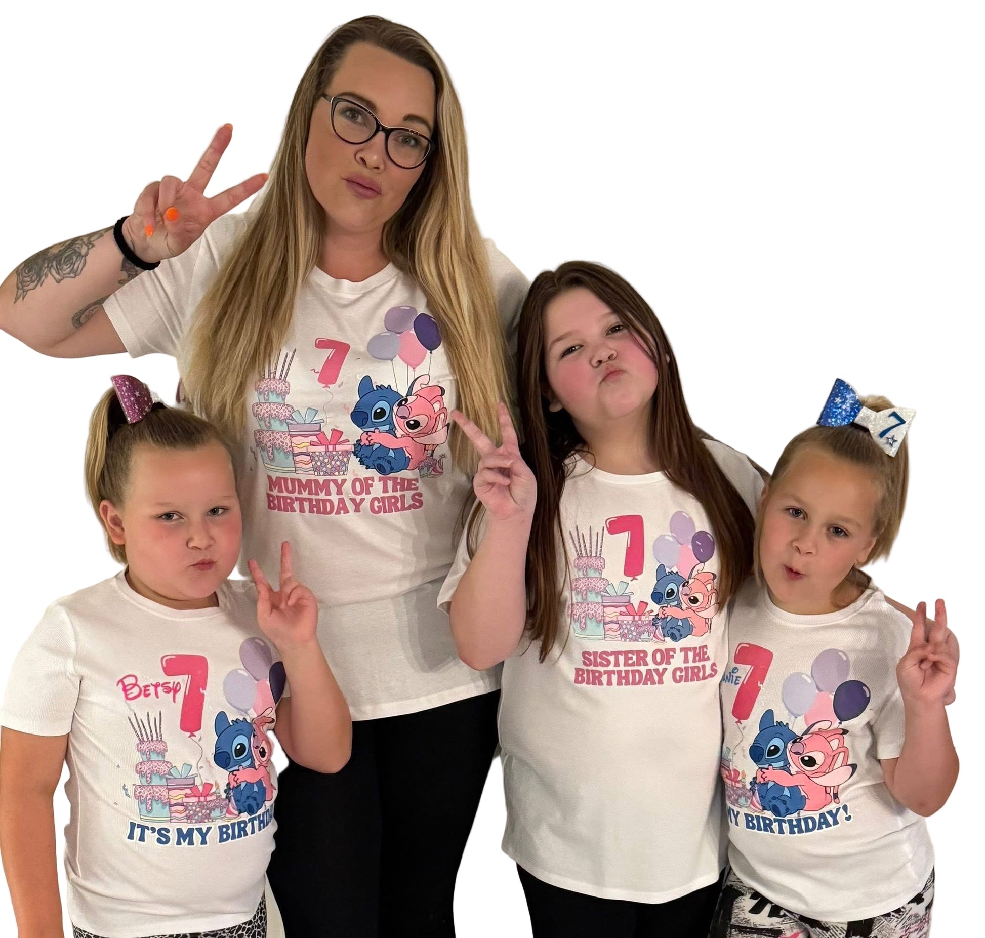 Kids personalised Stitch birthday T-shirt with custom name and age design.