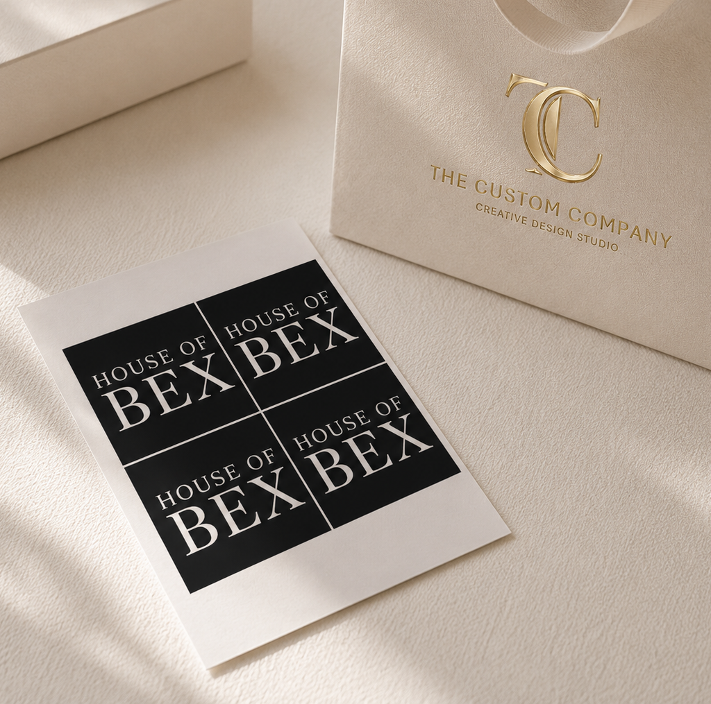 A printed sticker sheet with four black printed with the text 'HOUSE OF BEX' in white, arranged on a light beige surface next to a cream-colored branded paper bag from 'The Custom Company Creative Design Studio'.