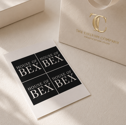 A printed sticker sheet with four black printed with the text 'HOUSE OF BEX' in white, arranged on a light beige surface next to a cream-colored branded paper bag from 'The Custom Company Creative Design Studio'.