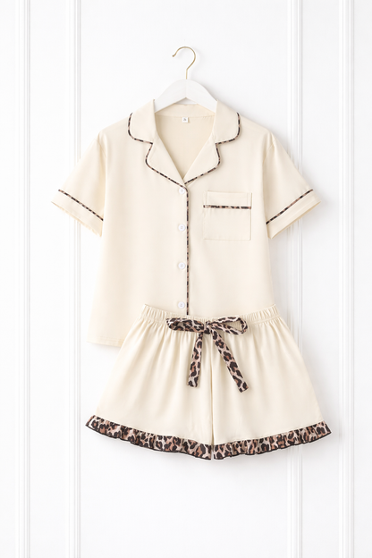 Beige personalised pyjama set with leopard print details