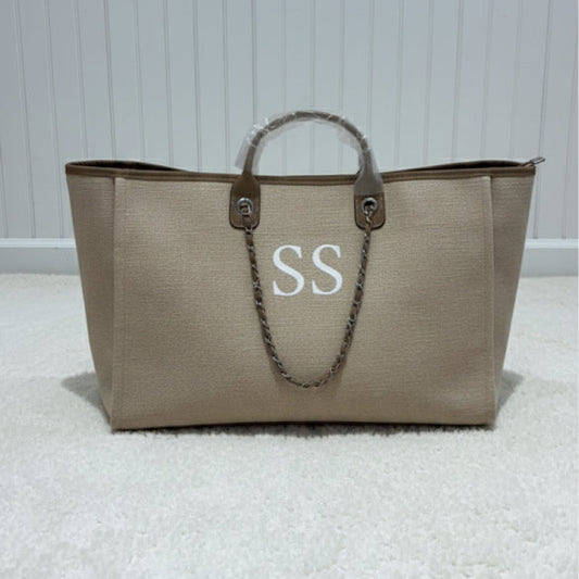 Beige tote bag with 'SS' monogram on a light gray background