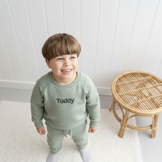 Child wearing a green 'Teddy' outfit standing in a room with a wooden stool.