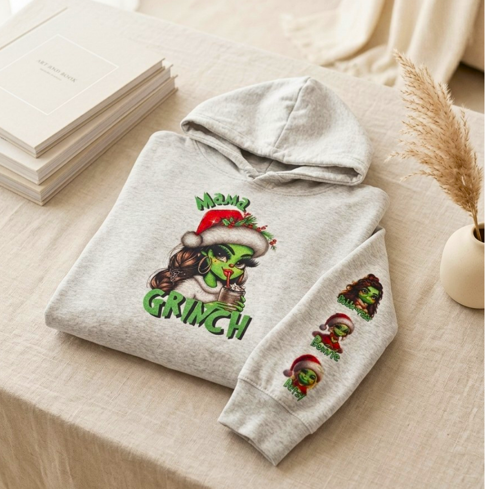 Personalised Mama Grinch hoodie with children’s names and custom Grinch-inspired characters.