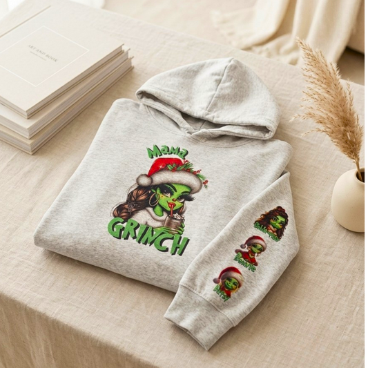 Personalised Mama Grinch hoodie with children’s names and custom Grinch-inspired characters.