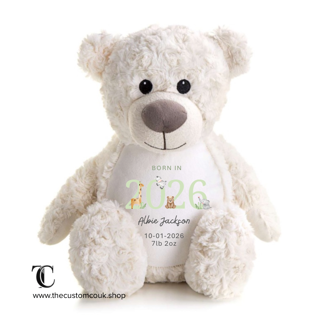 Beige teddy bear personalised born in 2026 design and text.