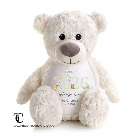 Beige teddy bear personalised born in 2026 design and text.