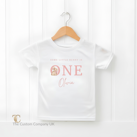 Personalised Some Little Bunny Is One birthday T-shirt with custom name for first birthday outfit